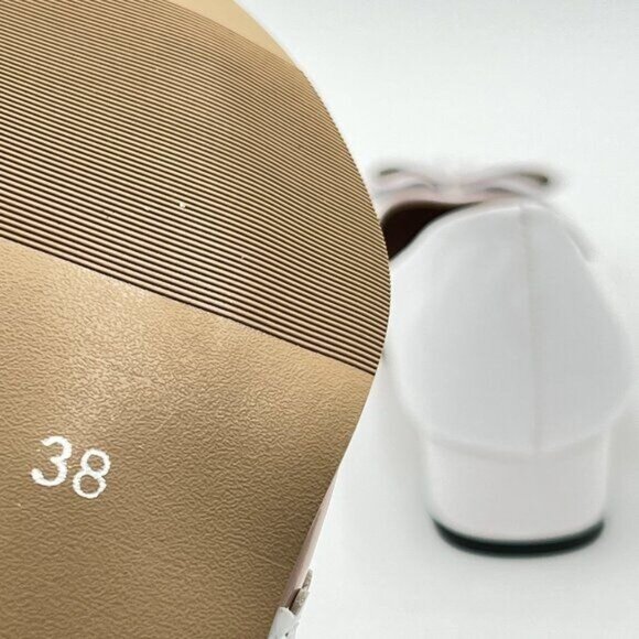 White And Beige Pointed Toe Pumps Bow Chunky Low Heels Slip on Comfy Dressy Shoe - Picture 5 of 7